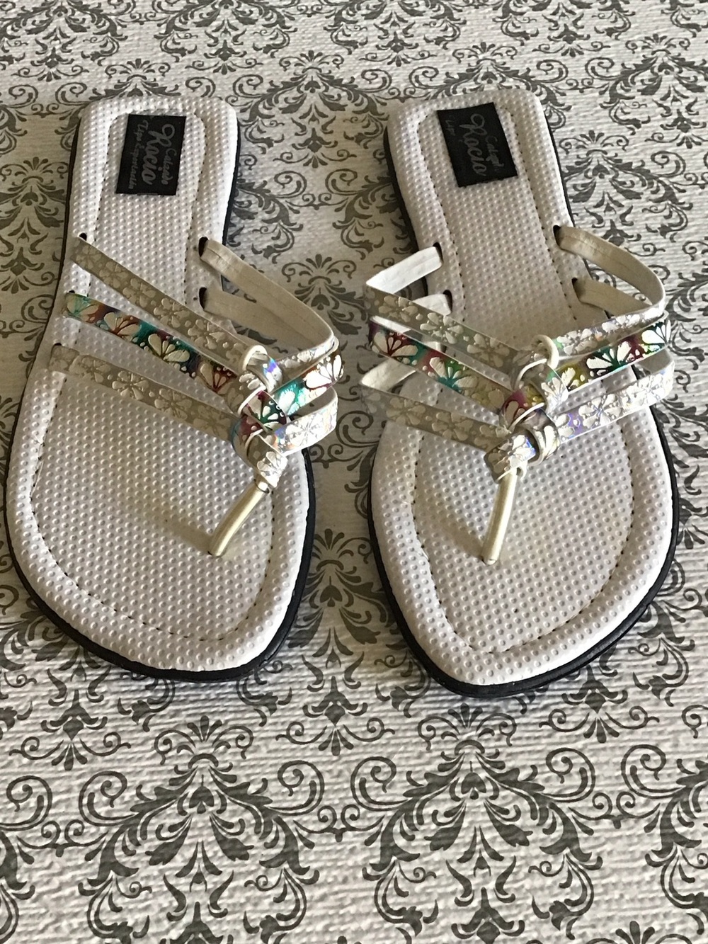 Vionic White Sandals with Iridescent Floral Straps